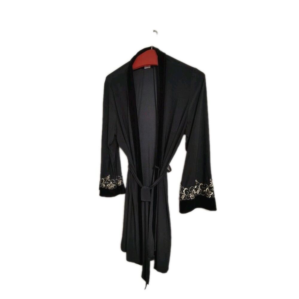 IN Bloom Black Robe Gold Floral Embroidery Velvet Trim Xlarge